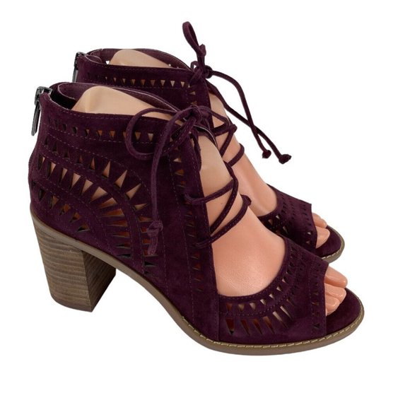 *Vince Camuto Tarita Cut Out Lace Up Burgundy Suede Open Toe Heel Bootie Size 6 - Picture 7 of 16